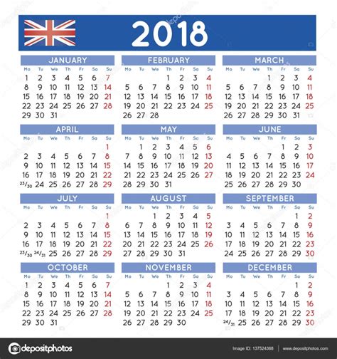 2018 Squared Calendar English Uk Week Starts On Monday — Stock Vector