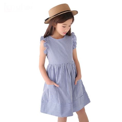 Cielarko Striped Girls Summer Dress Cotton Blue School Kids Dresses