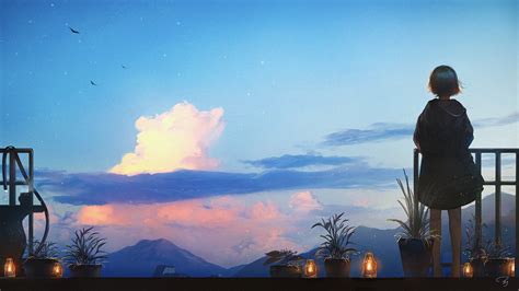 Wallpaper Anime Girls Clouds Mountains Lantern Flowerpot Short
