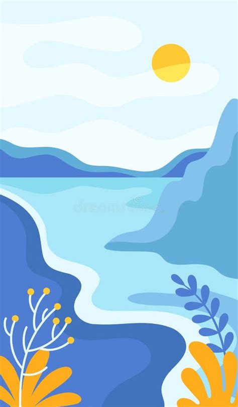 Blue Day Abstract Landscape With Mountains And Sun In The Sky Vector