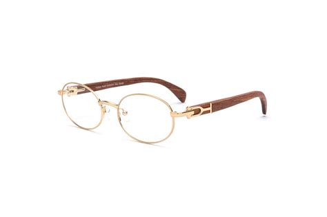 Vwc Eyewear Oval Gold And Wood Eyeglasses 18kt Gold Plated Frame Clear Lenses