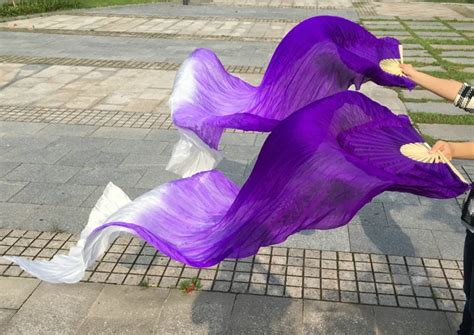 Belly Dance Veil Fan Stage Performance Real Silk Oriental Dancing Fan Veils Gradient Purple