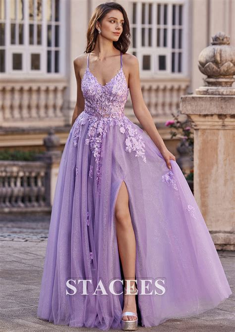 A Line Princess Tulle Prom Dress V Neck Floor Length With Glitter Appliqued Beading Split S P