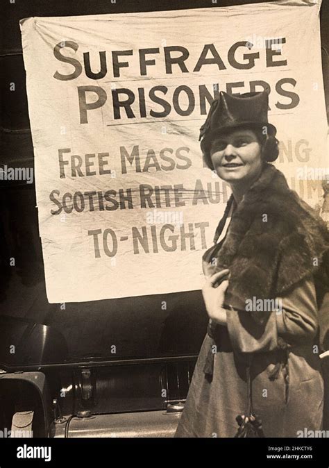 Lucy Branham American Suffragist Standing In Front Of Banner