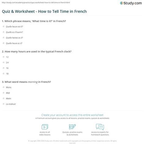 Quiz And Worksheet How To Tell Time In French