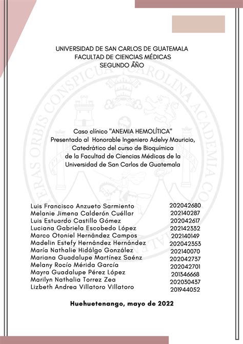 Caso Clínico Anemia Hemolítica Universidad De San Carlos De Guatemala