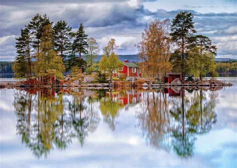 Landscape Sky Clouds Trees Forest Lake Water Reflection House Nature
