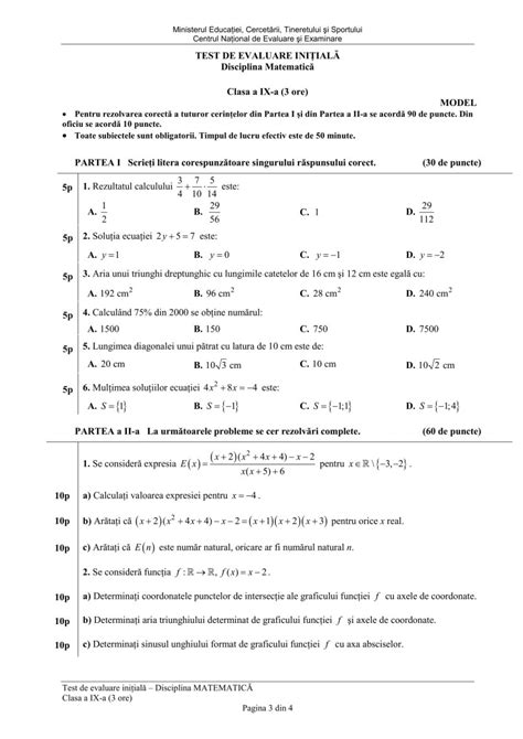 Teste Initiale Matematica Liceu Clasele 9 12 Pentru M1 Si M2 Modele