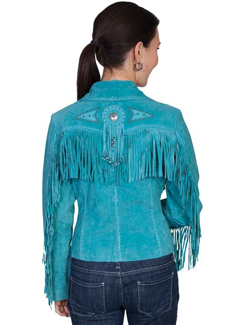 Pungo Ridge Scully Ladies Boar Suede Fringe And Beaded Jacket Turquoise Scully Womens