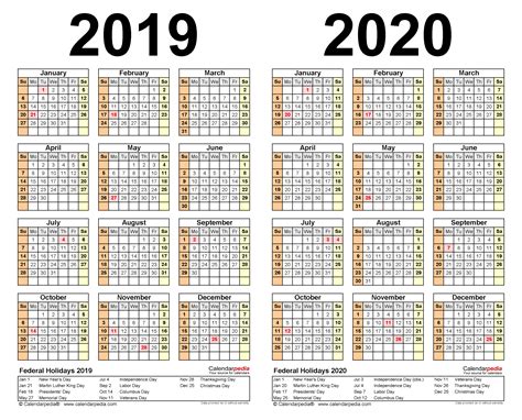 2019 2020 Two Year Calendar Free Printable Microsoft Word Templates