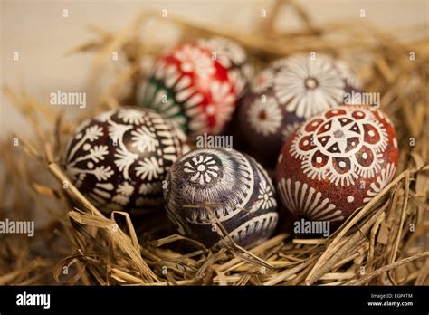Easter Eggs In Hay Nest Stock Photo Alamy