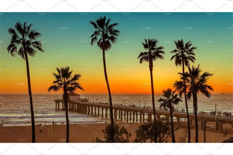 Palm Trees Sunset California Beach Nature Stock Photos ~ Creative