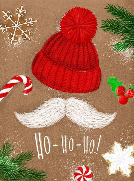 Premium Vector Christmas Poster With Hat Mustache Candy Cookie