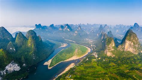 Aerial View Of Karst Mountains On The Li River Guilin Guangxi China