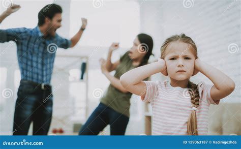 Aggressive Father Screams Mother And Unhappy Child Stock Image Image