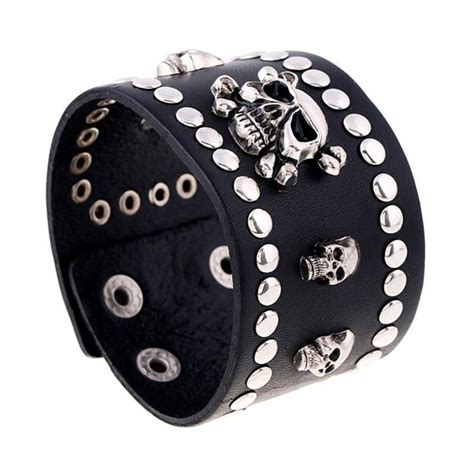 new fashion alloy skeleton button rivet leather bracelet black punk non mainstream wide