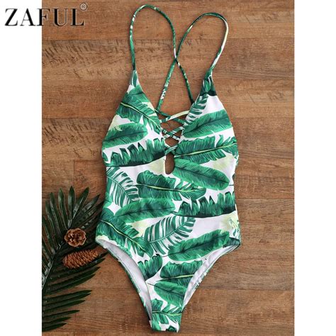 zaful 2017 sexy leaf print swimwear women one piece swimsuit hollow out bathing suit swimwear