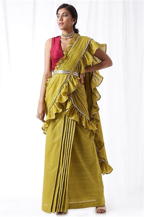 Green Ruffled Zip Up Saree Set With Potli Bag Design By Ekanya At