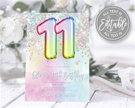 Editable 11th Birthday Invitation Template Rainbow Glitter Etsy