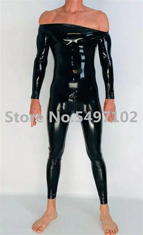 Handmade Black Mens Neck Entry Latex Catsuit With Crotch Zipper Rubber