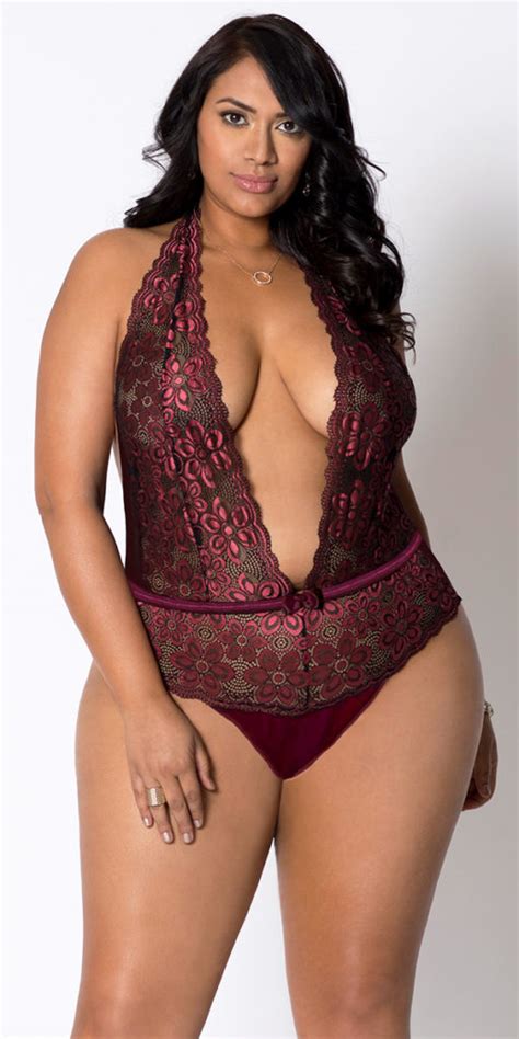 Plus Size Wine Allover Lace Halter Teddy Sexy Womens Lingerie