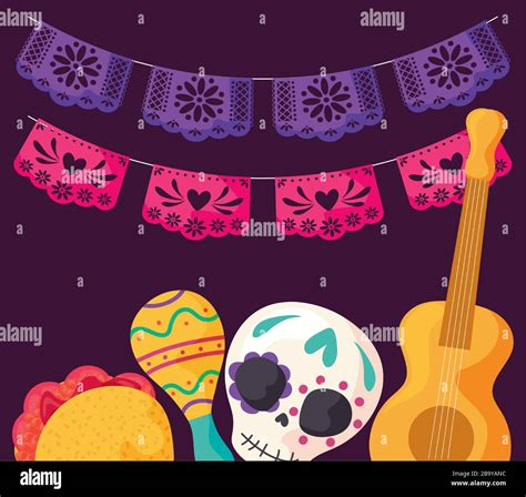 Guitar With Tacos And Maracas Symbols Of Cinco De Mayo Vector Illustration Design Stock Vector