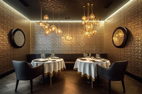 Interior Of Modern Luxury Restaurant Served Tables Near Ornate Wall
