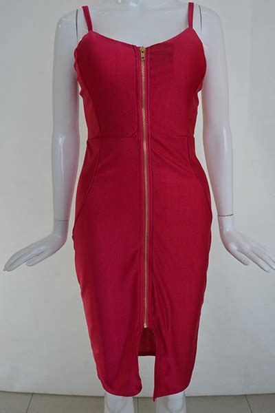 Sexy V Neck Spaghetti Strap Sleeveless Zipper Design Red Polyester Sheath Mini Dressdresses