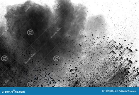Abstract Black Dust Explosion on White Background. Stock Image - Image