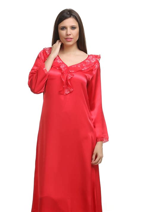 Red Satin Nightgown Night Gown Cold Shoulder Dress Women
