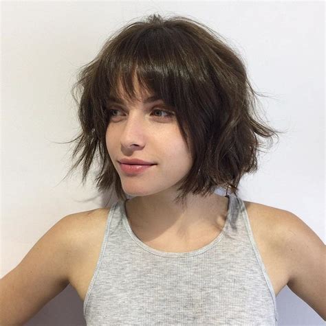 Short Messy Brunette Bob With Bangs Layered Bob Hairstyles Short Bob Haircuts Hairstyles