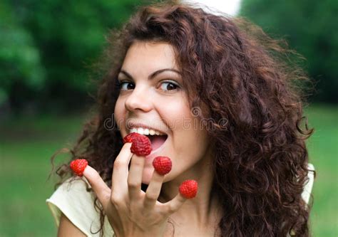 Beautiful Woman Eating Fresh Raspberry Stock Image Image Of Freshness