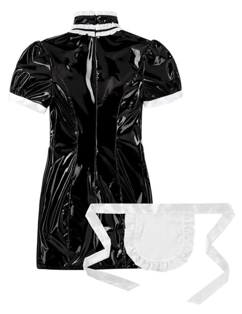 Sexy Women French Maid Costume Wet Look Leather Cosplay Fancy Dress