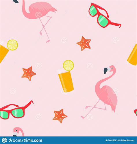 Background With Pink Flamingos Orange Juice Glass Sunglasses And