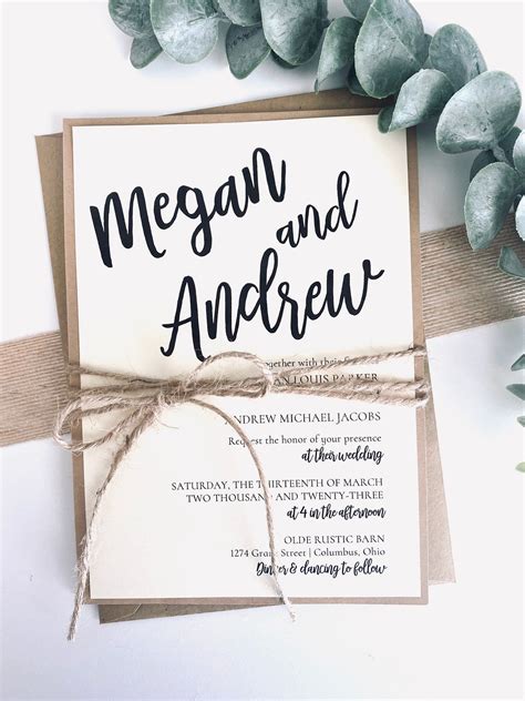 Printed Rustic Wedding Invitation With Twine Ivory With Kraft Etsy