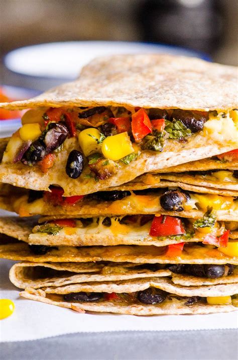 This chicken quesadilla recipe stuffed with monterey jack and cheddar cheese is just the appetizer for a cinco de mayo party or any celebration coming up. Healthy Vegetarian Quesadilla Recipe with beans ...