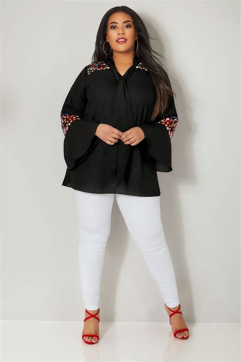 Yours London Black Floral Embroidered Pussy Bow Blouse
