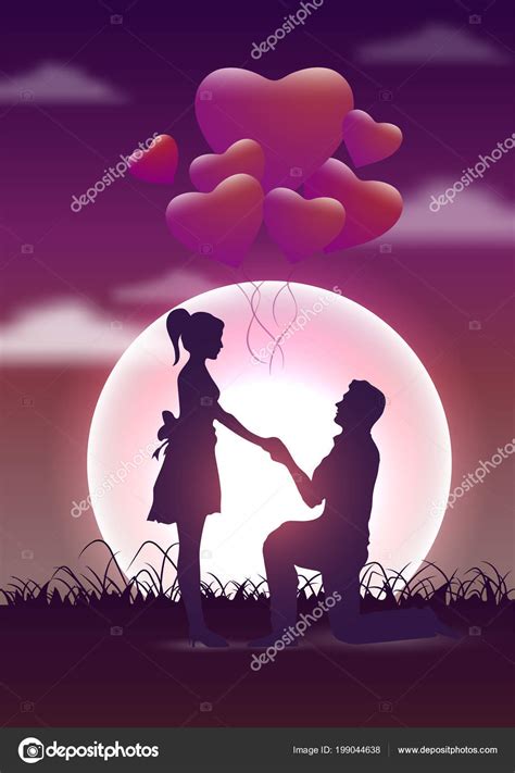 Young Boy Proposing Girl Heart Shaped Balloons Full Moon Night Stock