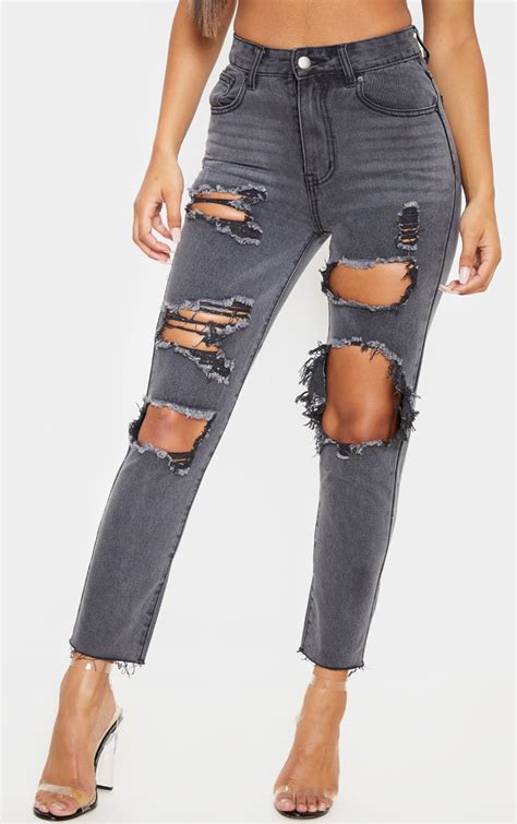 Washed Black Extreme Distressed Mom Jeans Prettylittlething Ie