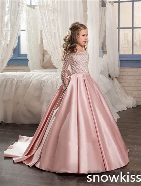 Light Pink Bling Beads Flower Girl Dresses For Wedding Bow Pageant
