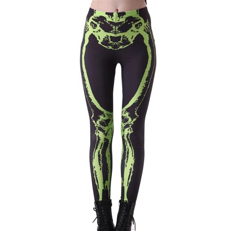 Digital Printing Elastic Casual Pants Green Leg Bone Pattern Women Leggings 7 Sizes Fitness