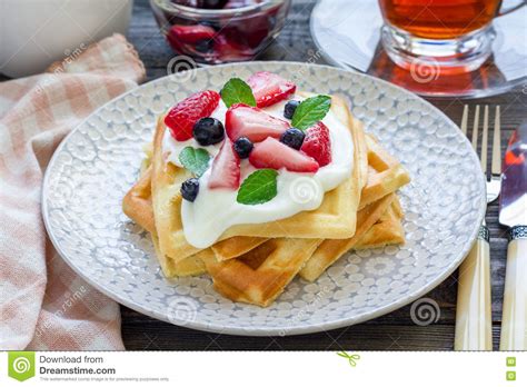 Homemade Belgian Waffles With Yogurt Strawberry And Blueberry