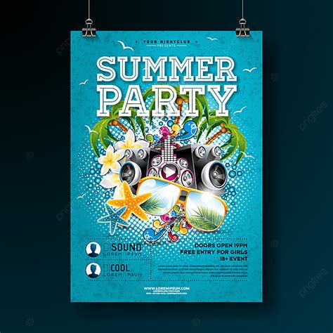 Vector Summer Party Flyer Design With Flower Speaker And Sun Glasses On