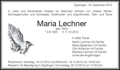 Traueranzeigen Von Maria Lechner Schwaebische De Trauerportal