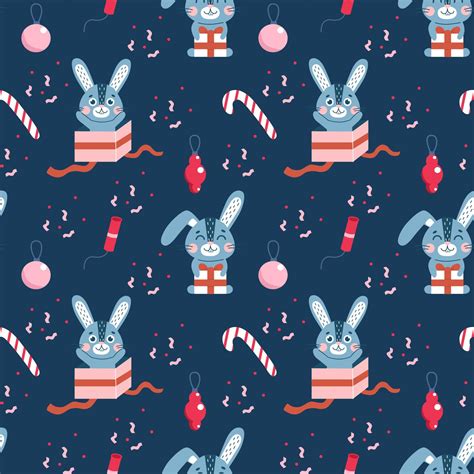 Seamless Pattern With Christmas Cute Rabbits Set Winter Hare Symbol Of