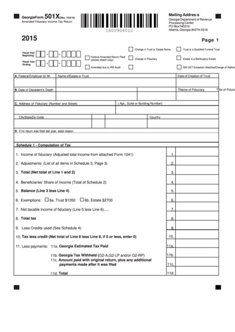 Fillable Georgia Form 501x Amended Fiduciary Income Tax Return 2015