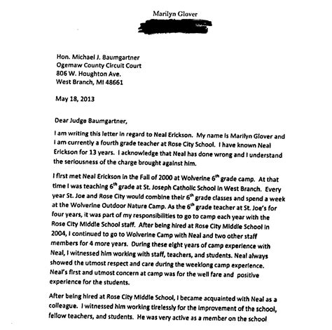 I need a sample letter of asking a judge for leniency when he is sentencing a former student for criminal charges. Leniency Letters from West Branch Rose City Teachers ...