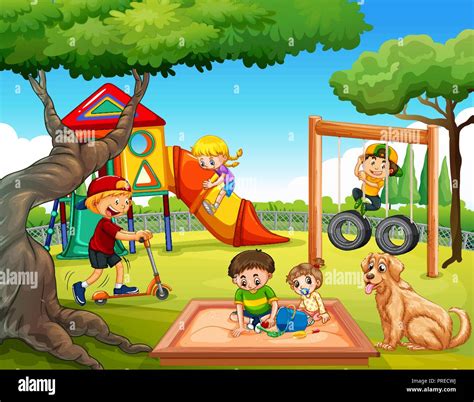 Niños Jugando En El Parque Infantil Ilustración Imagen Vector De Stock