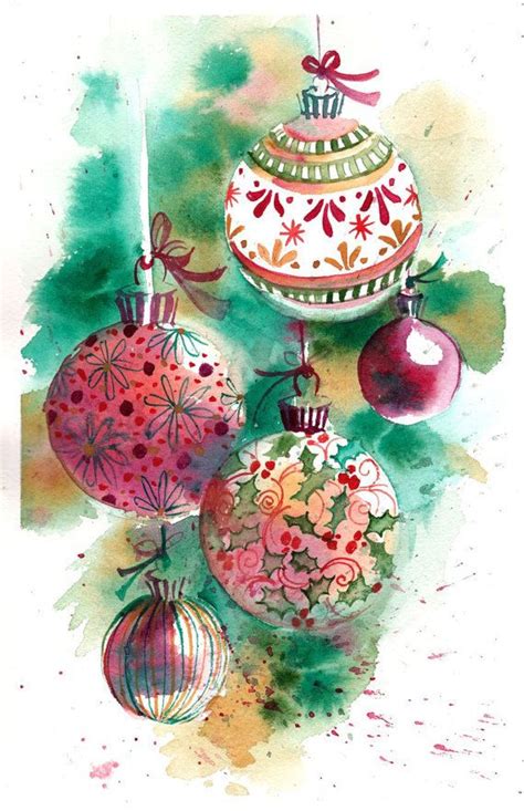 Original Watercolor Print Of A Painting Christmas Ornaments Wall Art
