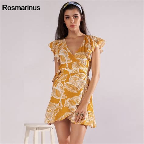 Summer Dress 2018 Women Sexy V Neck Flower Print Yellow Sundress